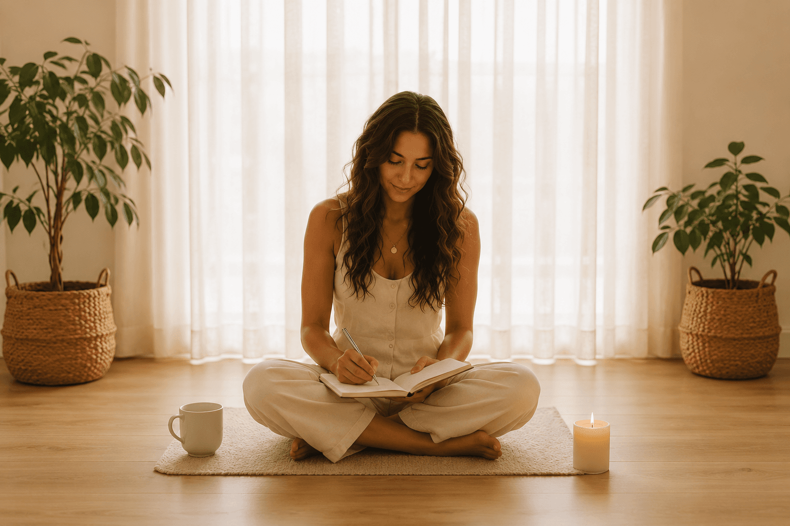 A calm woman journaling beside a window in warm morning light.