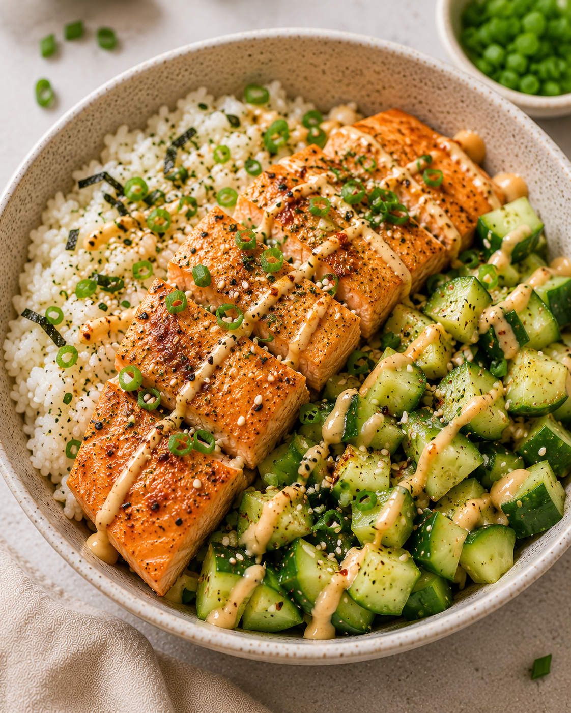 Salmon rice cucumber bowl with herbs and a simple balanced layout