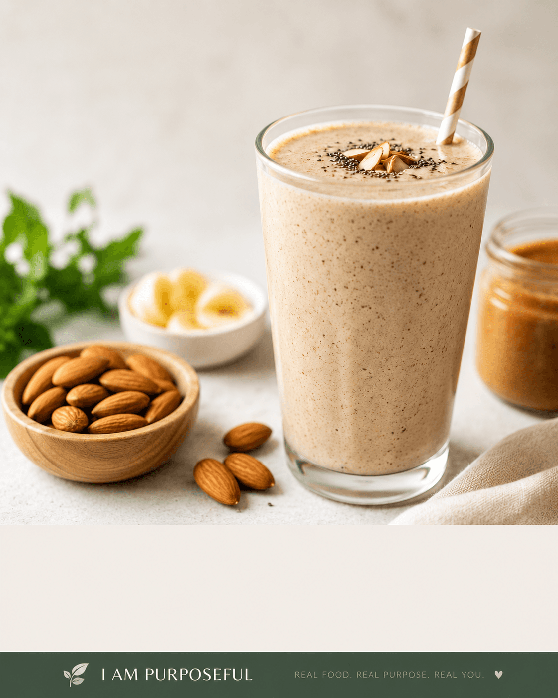 Almond butter banana protein smoothie in a tall glass for quick morning nourishment