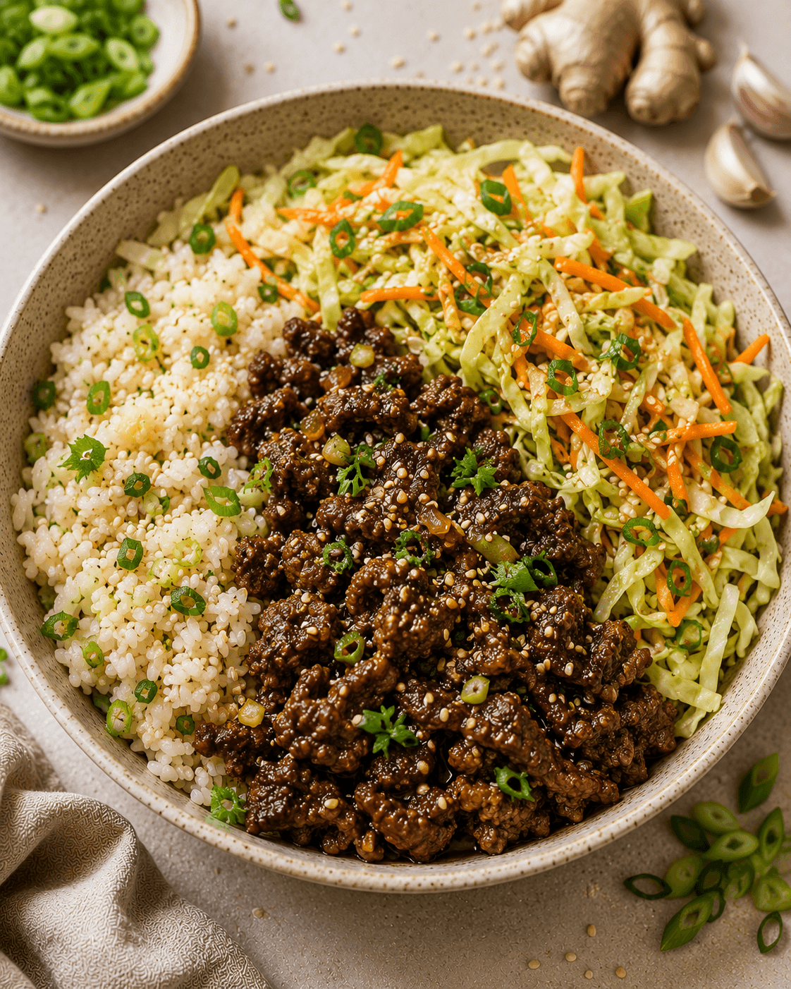 Ginger garlic beef cabbage bowl served over rice