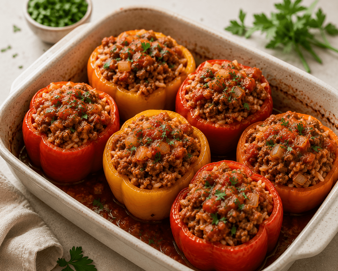 Ground turkey stuffed pepper skillet with tomatoes, peppers, and rice