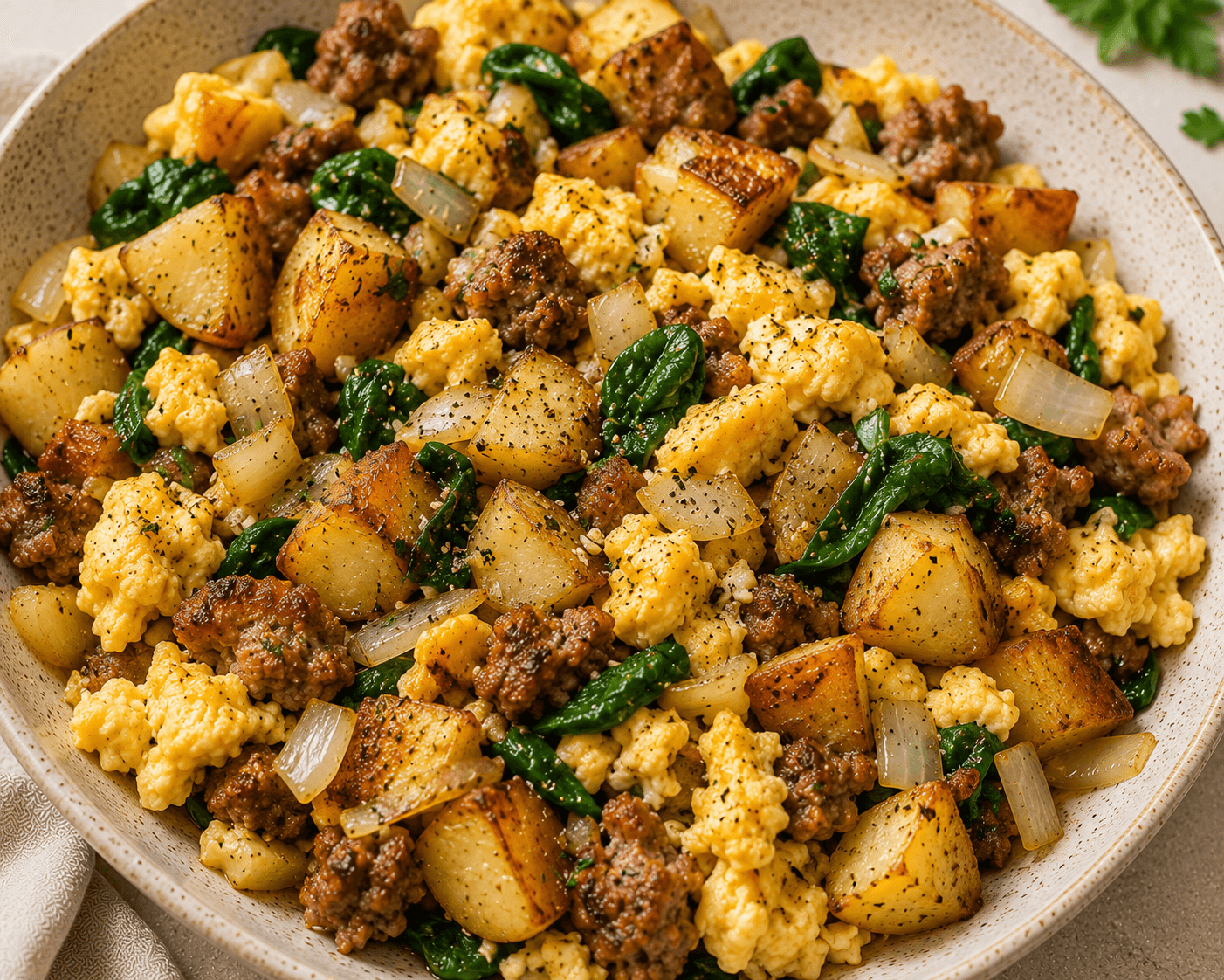 High-protein breakfast scramble with turkey sausage, eggs, spinach, and potatoes