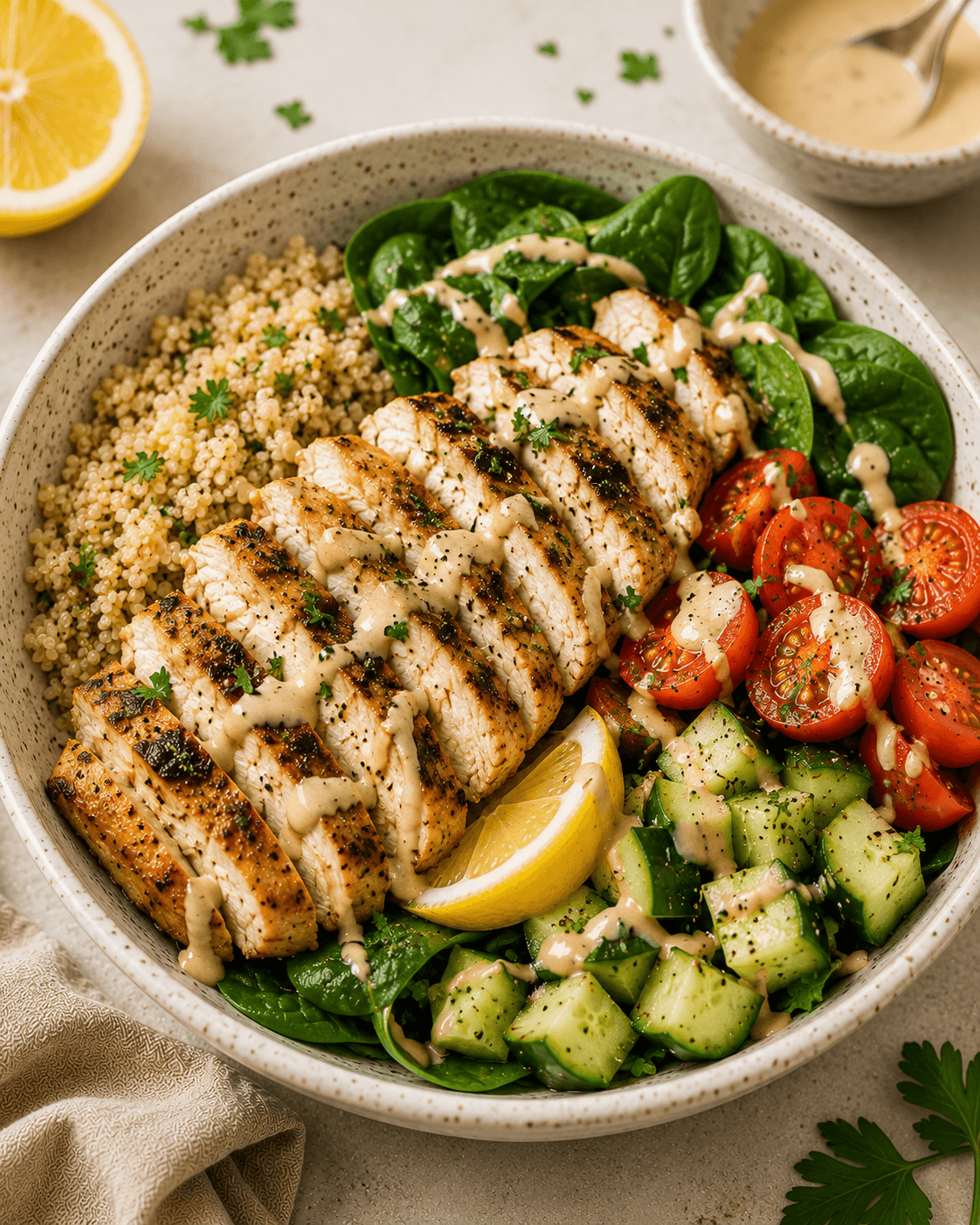 Lemon tahini chicken quinoa bowl with greens, cucumber, and herbs