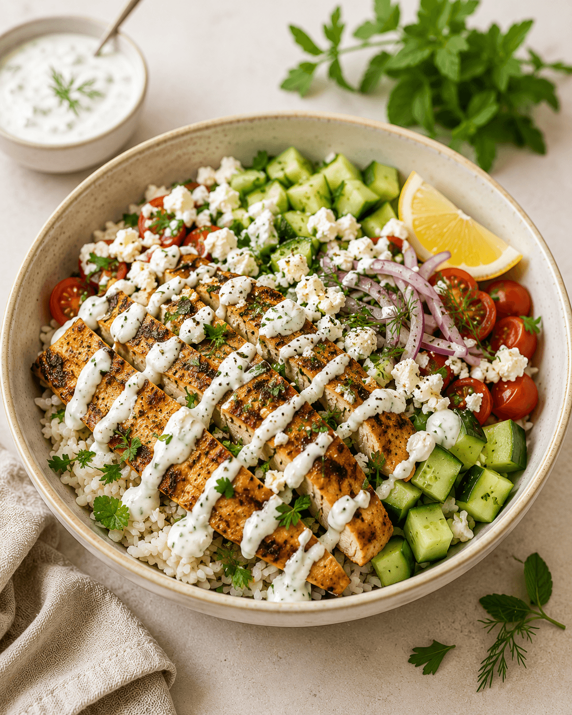 Mediterranean chicken rice bowl with cucumber, tomato, herbs, and yogurt drizzle