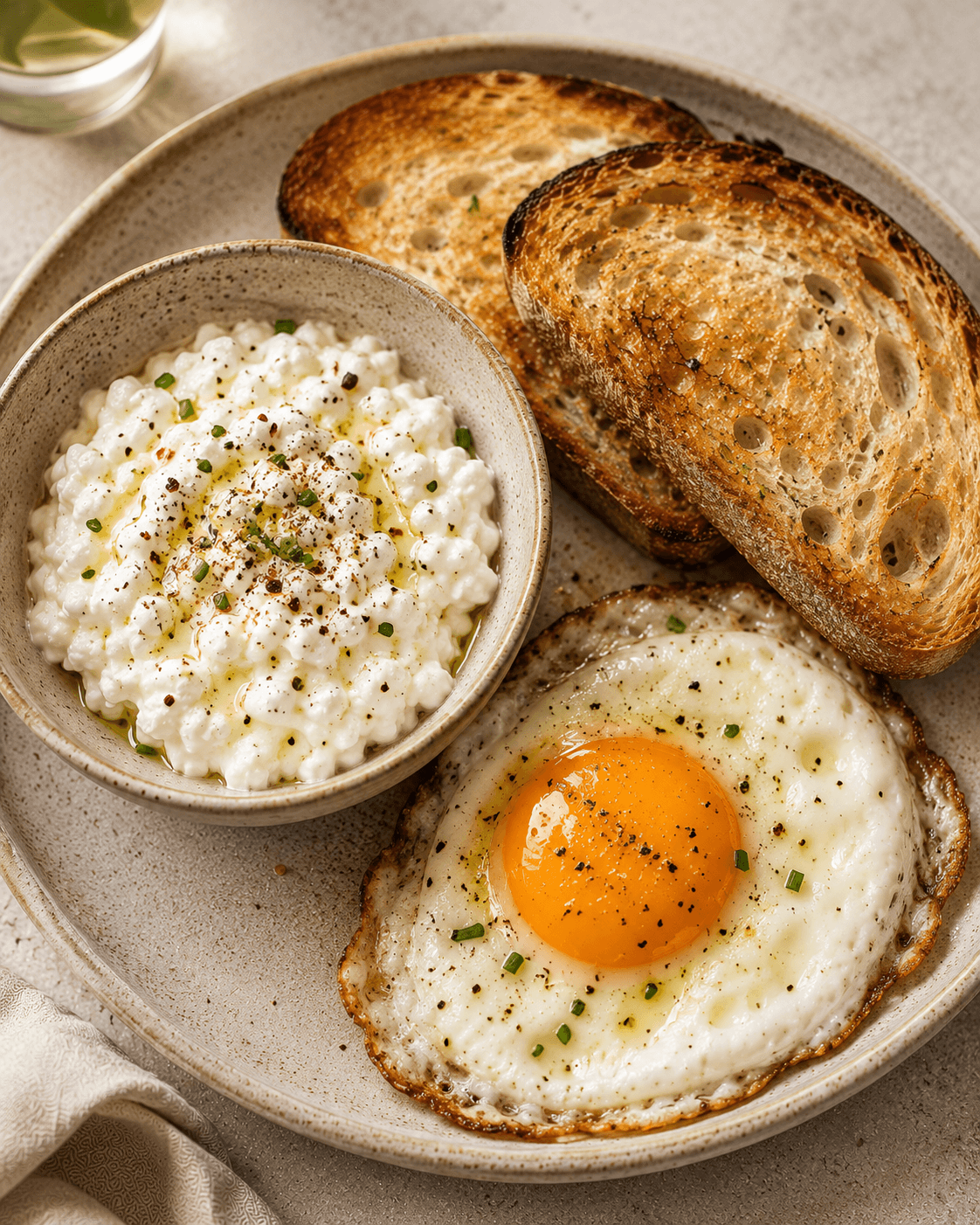 Savory cottage cheese and egg toast with herbs on toasted sourdough