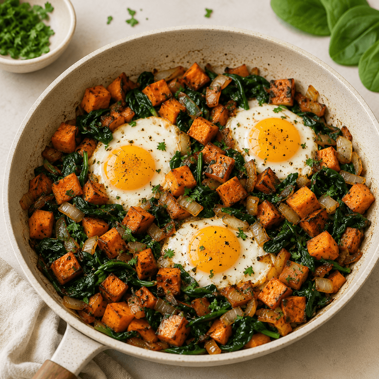 Savory egg and sweet potato breakfast skillet with greens