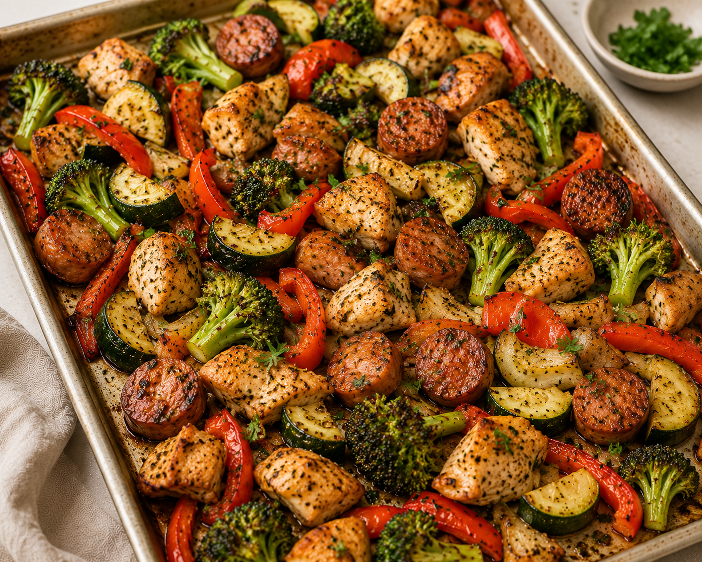 Sheet pan chicken sausage with roasted vegetables on a dinner tray