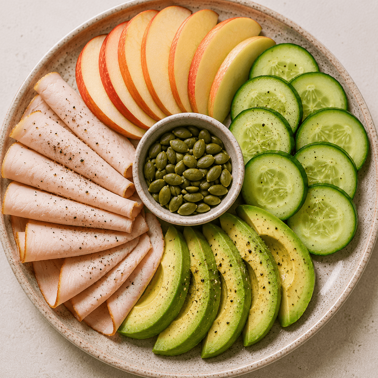Turkey avocado snack plate with fruit, cucumbers, and pumpkin seeds