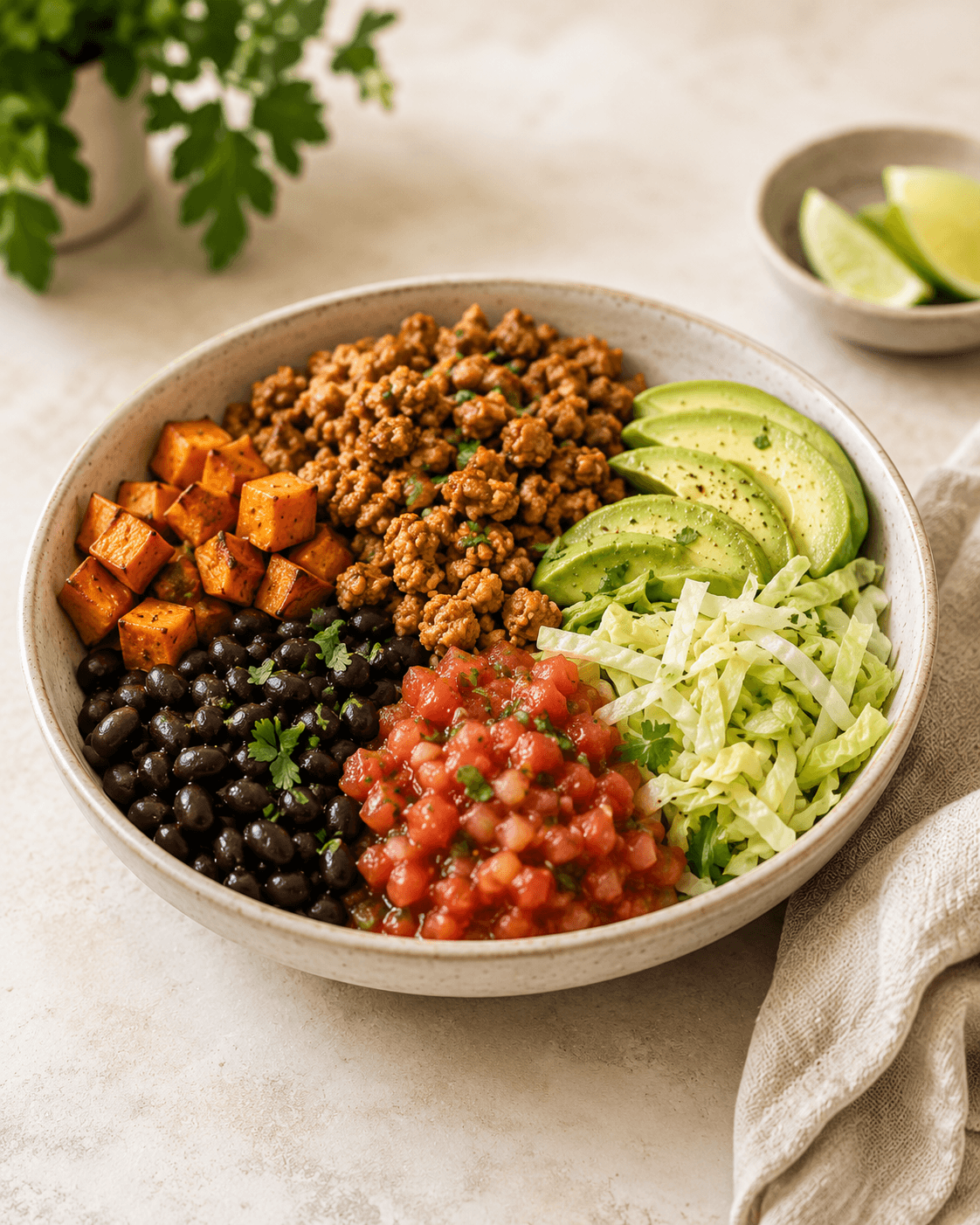 Turkey taco nourish bowl with sweet potato, black beans, lettuce, salsa, and avocado