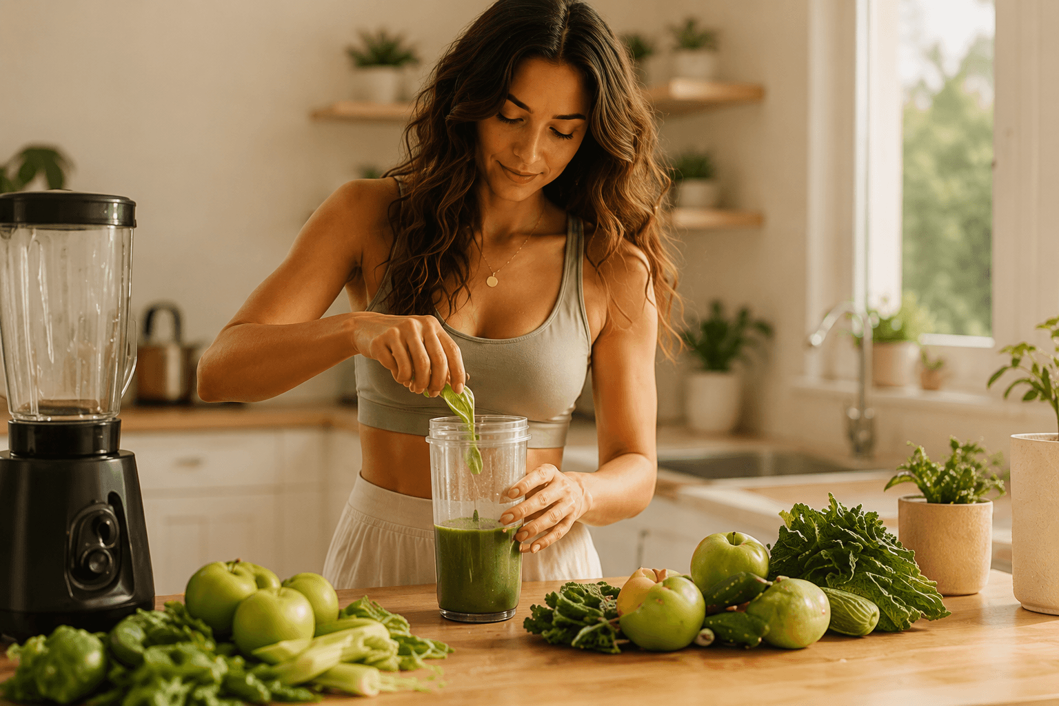 Woman making a green smoothie in a bright kitchen surrounded by fresh ingredients.